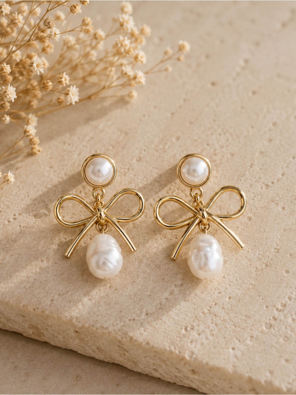 Sugarfix Gold Bow Pearl Drop Earrings - White Pearlescent Accent